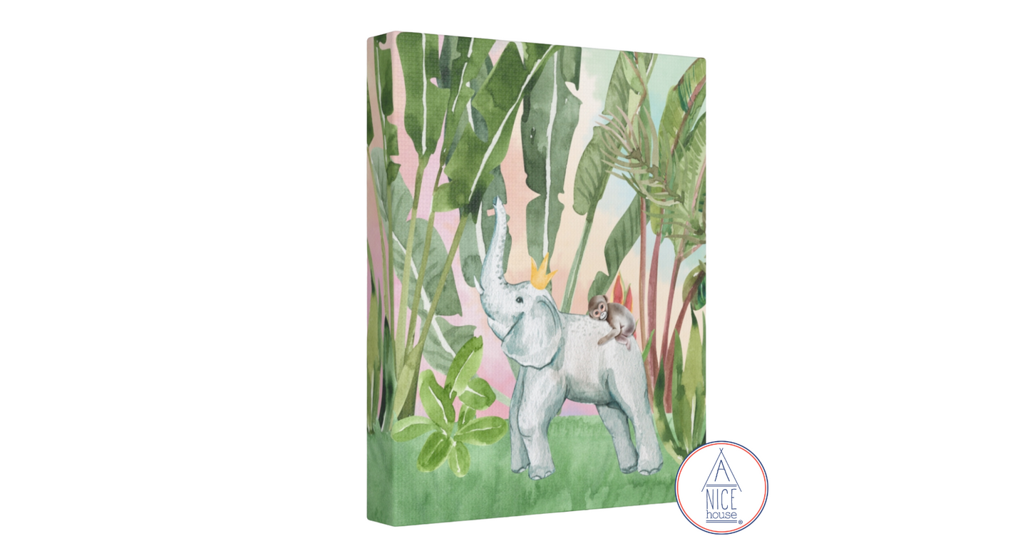 Elephant and Monkey Children's Art Print- Unisex Nursery Decor with Blue or Peach Background for Animal Themed Nursery or Elephant Themed Nursery