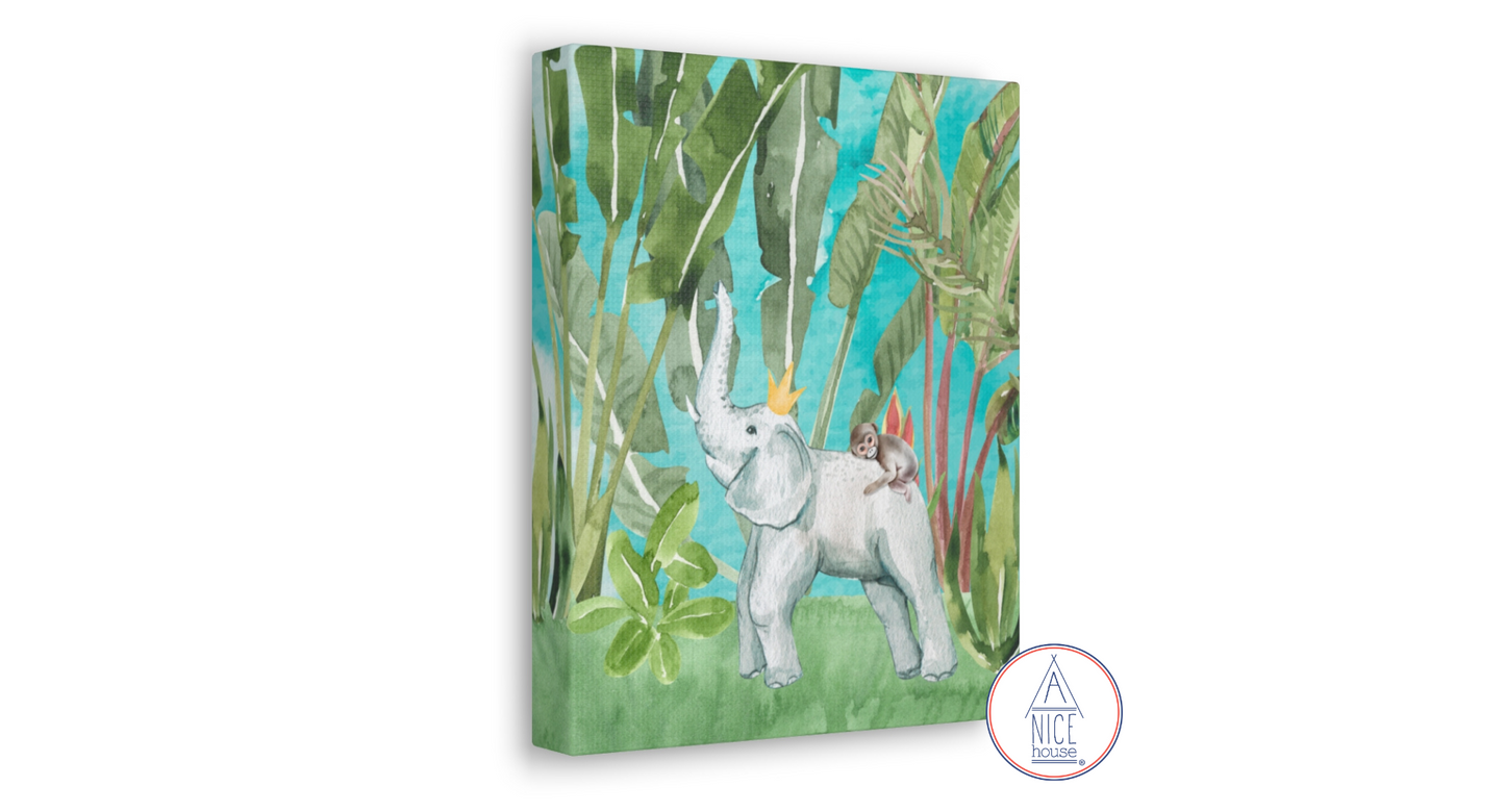 Elephant and Monkey Children's Art Print- Unisex Nursery Decor with Blue or Peach Background for Animal Themed Nursery or Elephant Themed Nursery