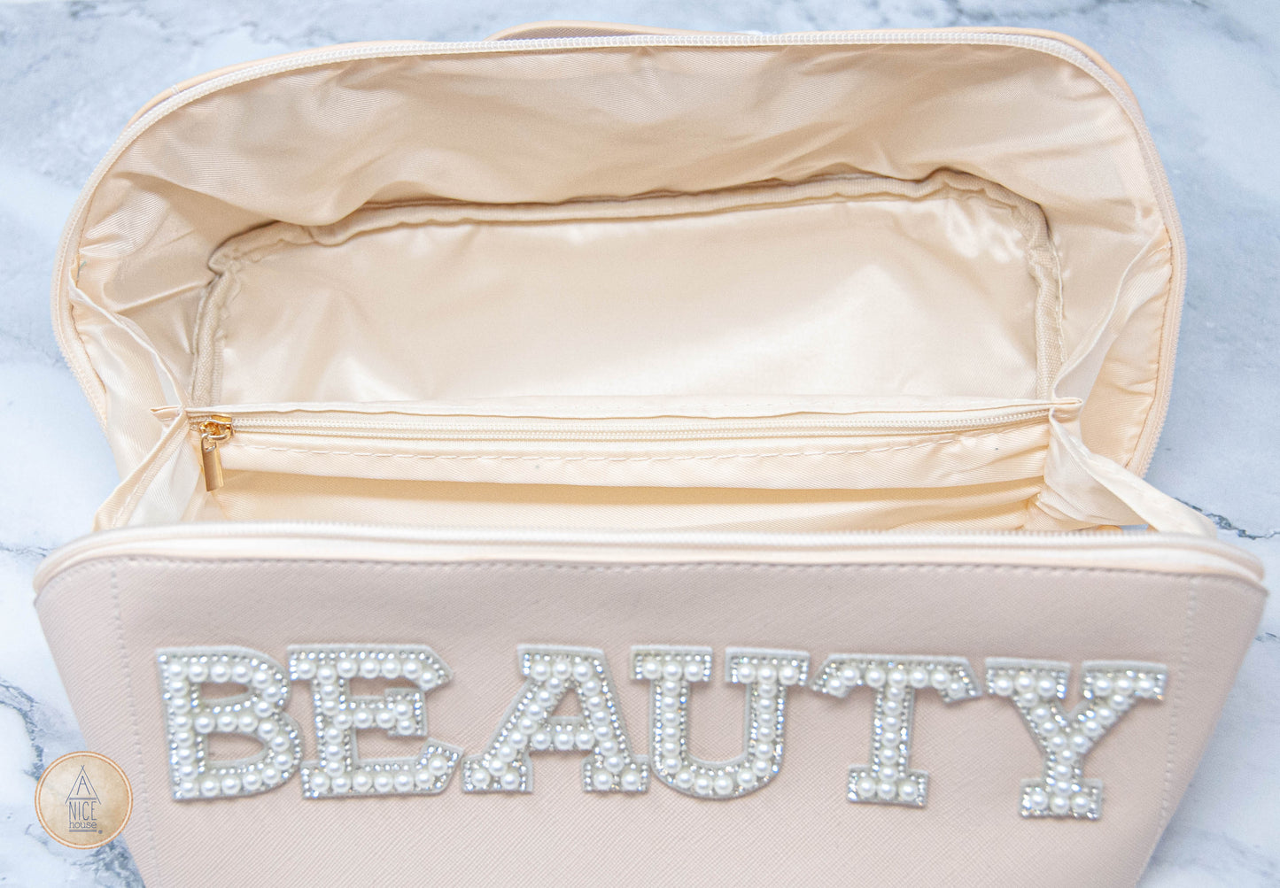 Glam Beauty Bag Cosmetic Case with Pearly Letters