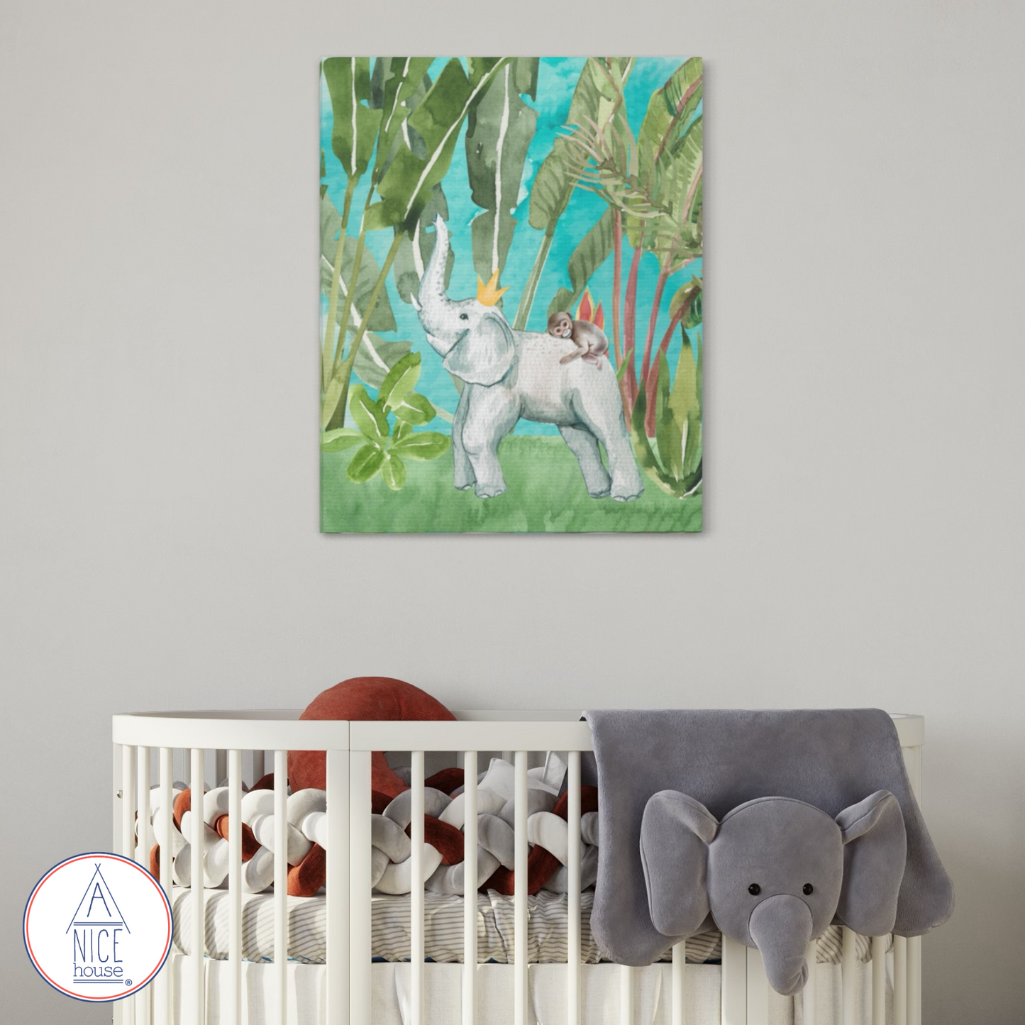 Elephant and Monkey Children's Art Print- Unisex Nursery Decor with Blue or Peach Background for Animal Themed Nursery or Elephant Themed Nursery