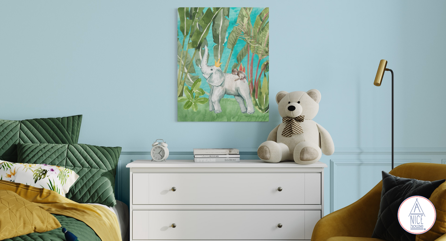 Elephant and Monkey Children's Art Print- Unisex Nursery Decor with Blue or Peach Background for Animal Themed Nursery or Elephant Themed Nursery