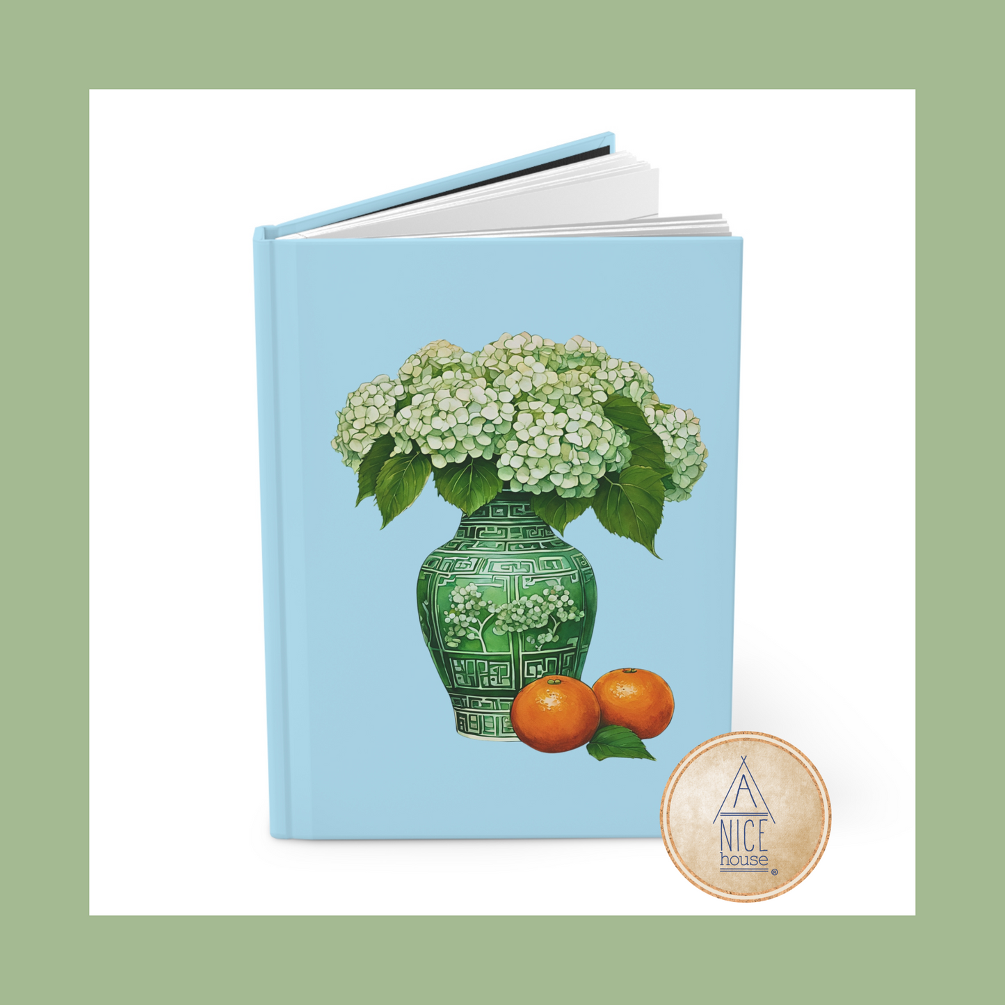 Hydrangea Print Floral Notebook on Light Blue Background