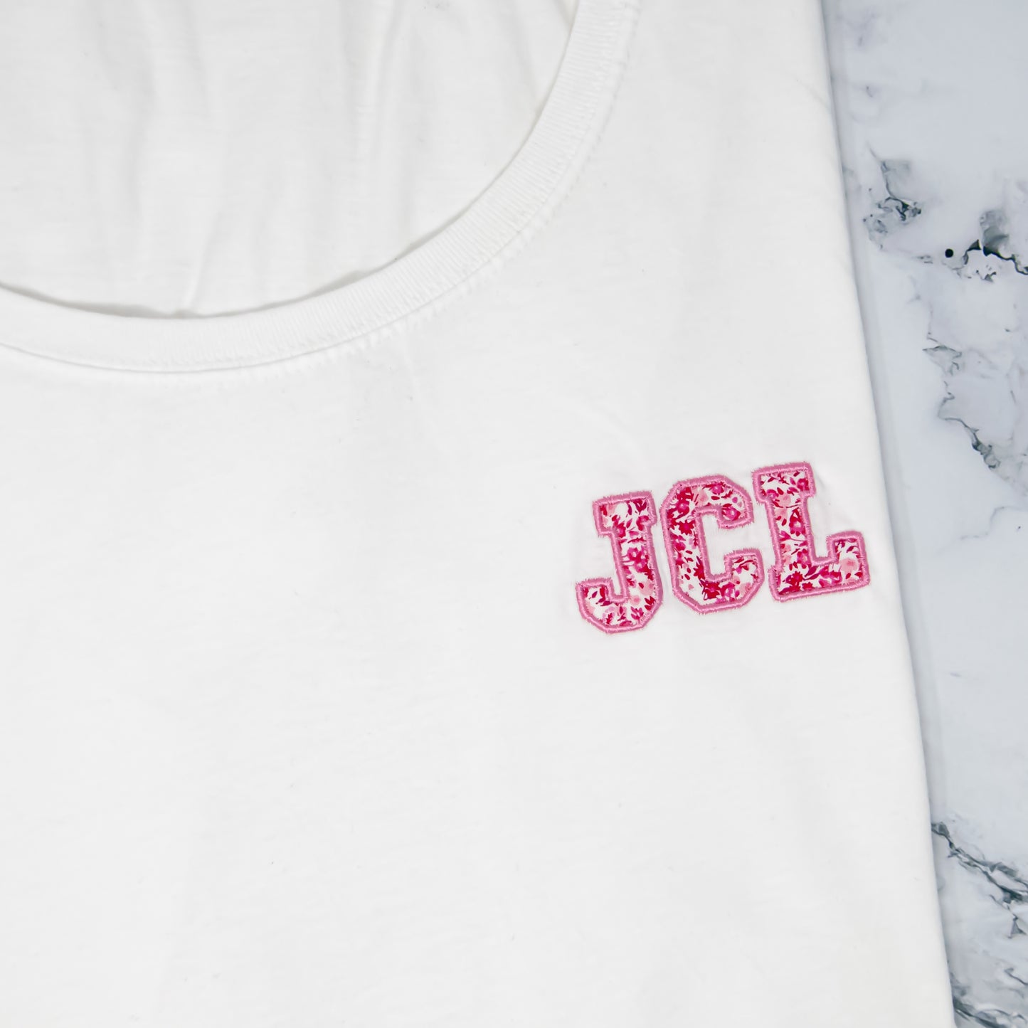JCL Applique Scoop Neck Short Sleeve T-Shirt (Two Applique Options + Option to Order As a Sweatshirt)