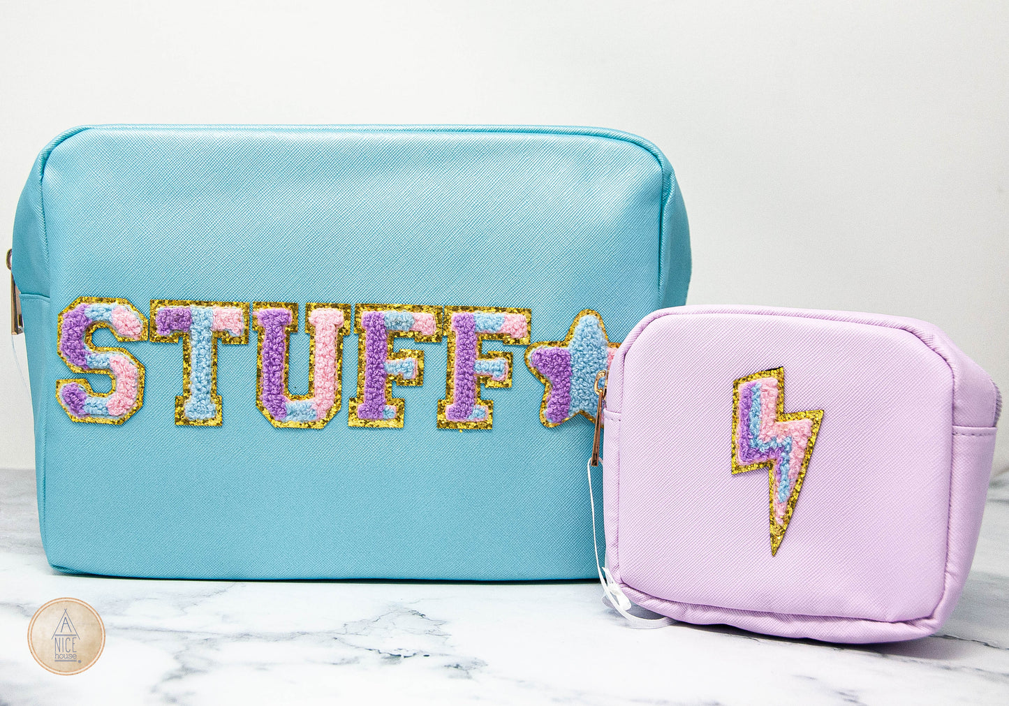 Toiletry Bag Duo- Extra Large Star 'STUFF' Bag with Small Lightning Bag