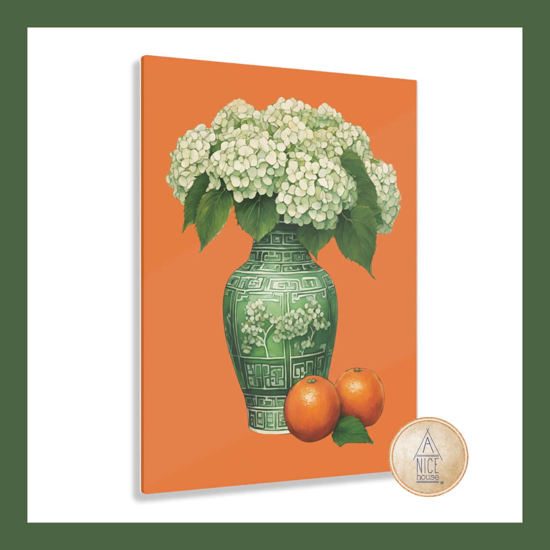 Hydrangea Wall Art - Ready to Hang Acrylic Print - Orange and Green Chinoiserie Wall Art Print with White Hydrangeas and Oranges