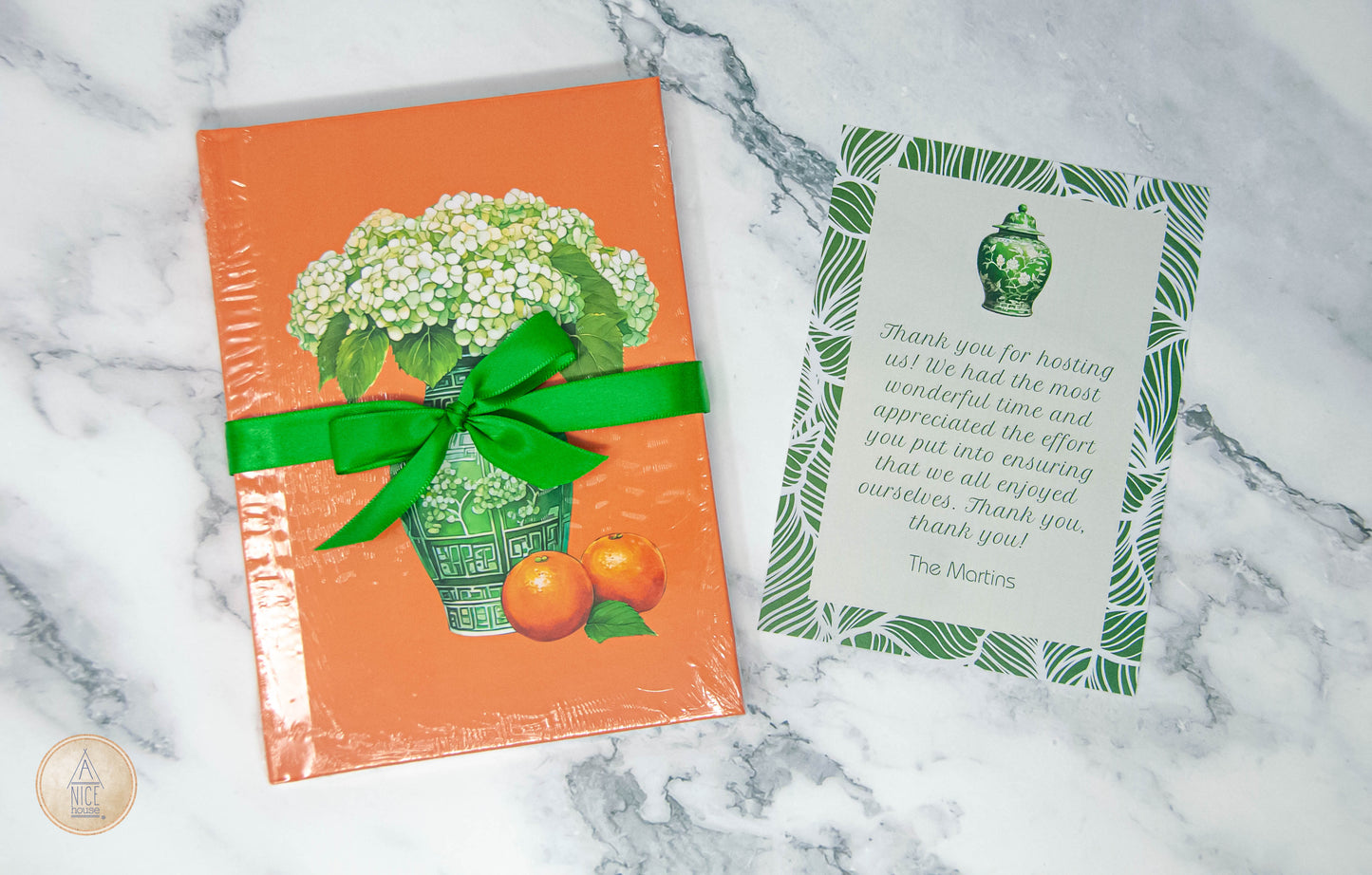 Gift Set: Green and White Chinoiserie Notebook + Hemstitch Guest Towel