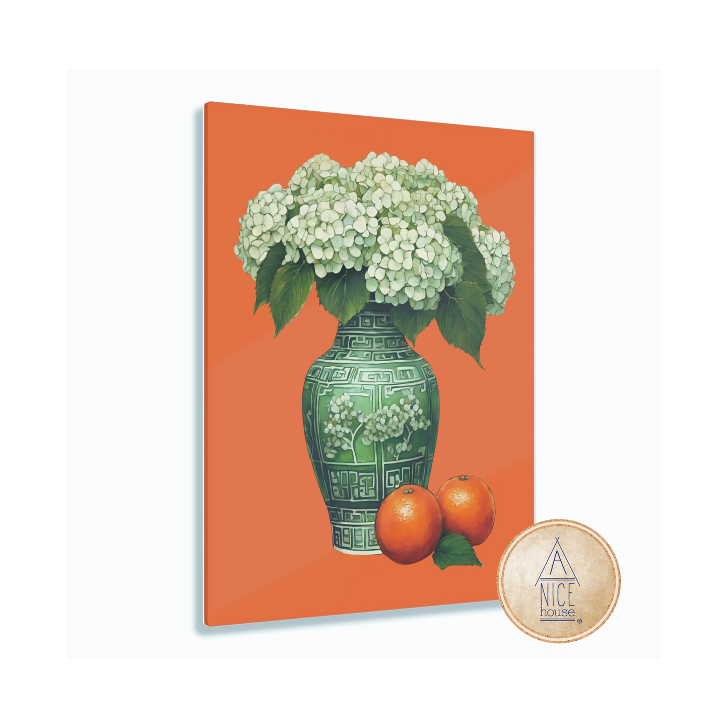 Hydrangea Wall Art - Ready to Hang Acrylic Print - Orange and Green Chinoiserie Wall Art Print with White Hydrangeas and Oranges