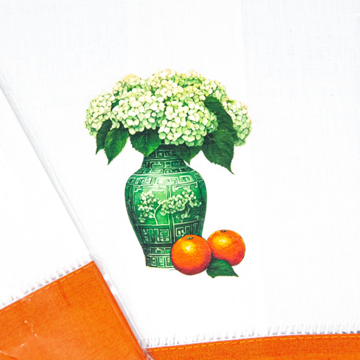Hydrangeas and Oranges Hemstitch Guest Towel