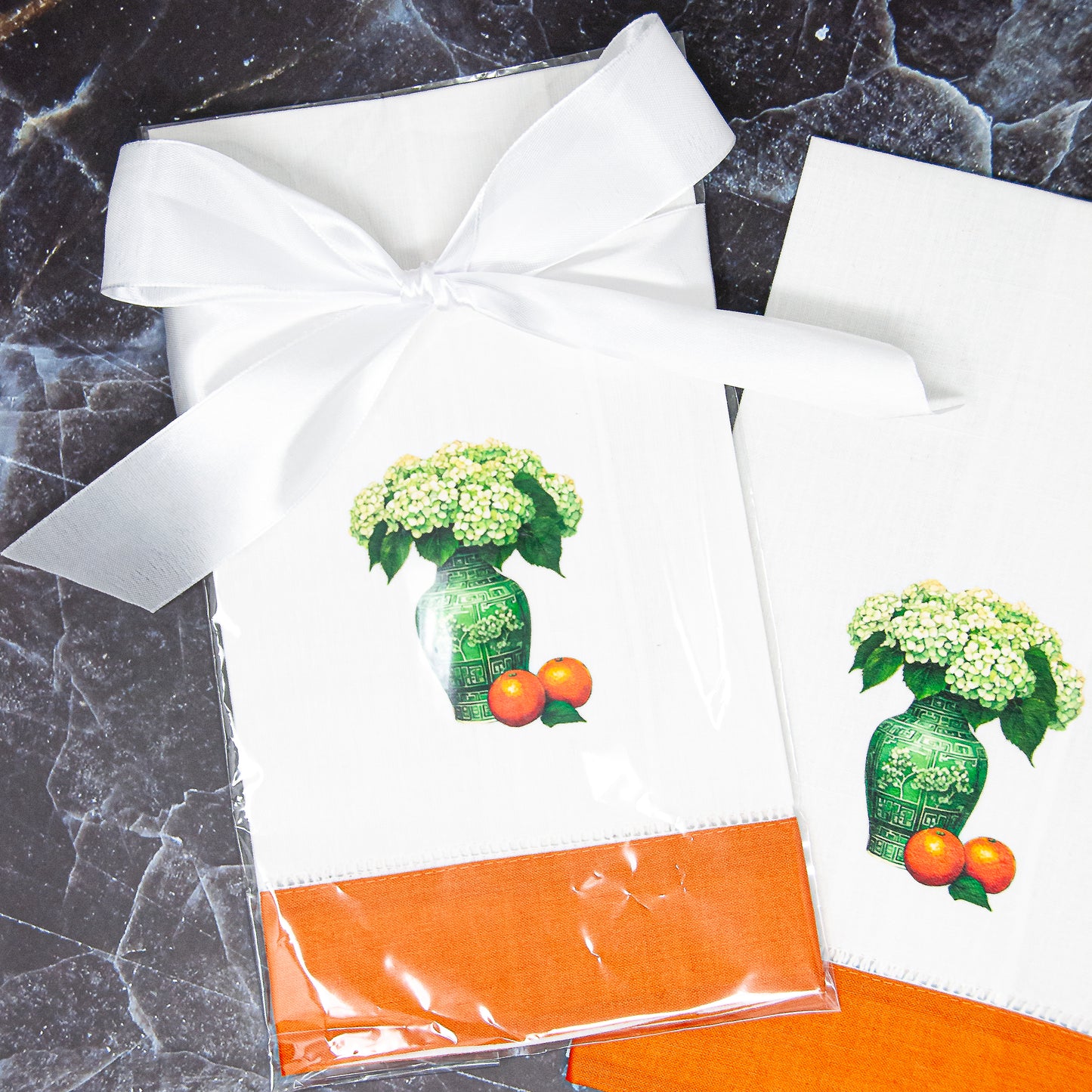 Hydrangeas and Oranges Hemstitch Guest Towel