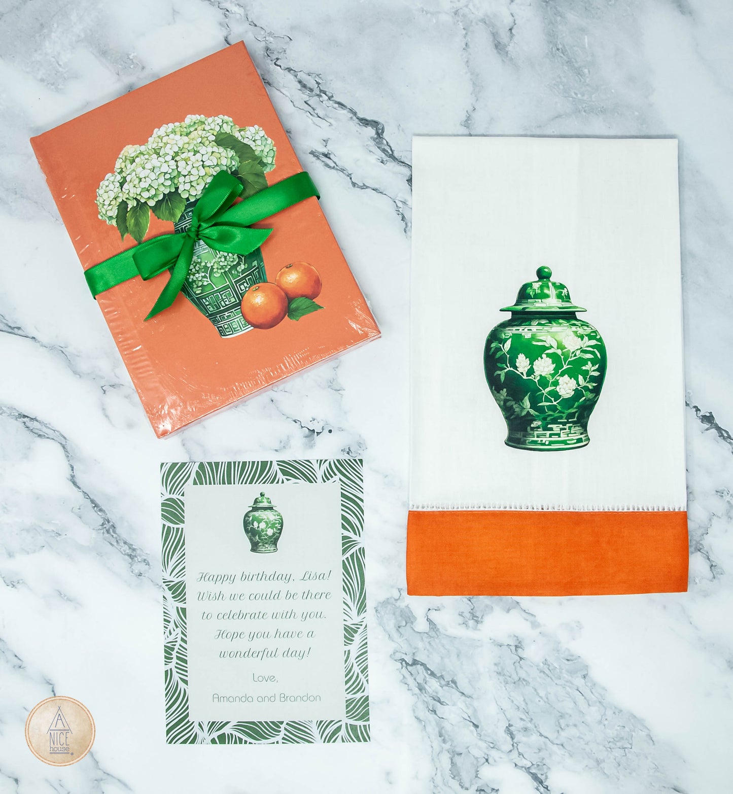 Gift Set: Green and White Chinoiserie Notebook + Hemstitch Guest Towel