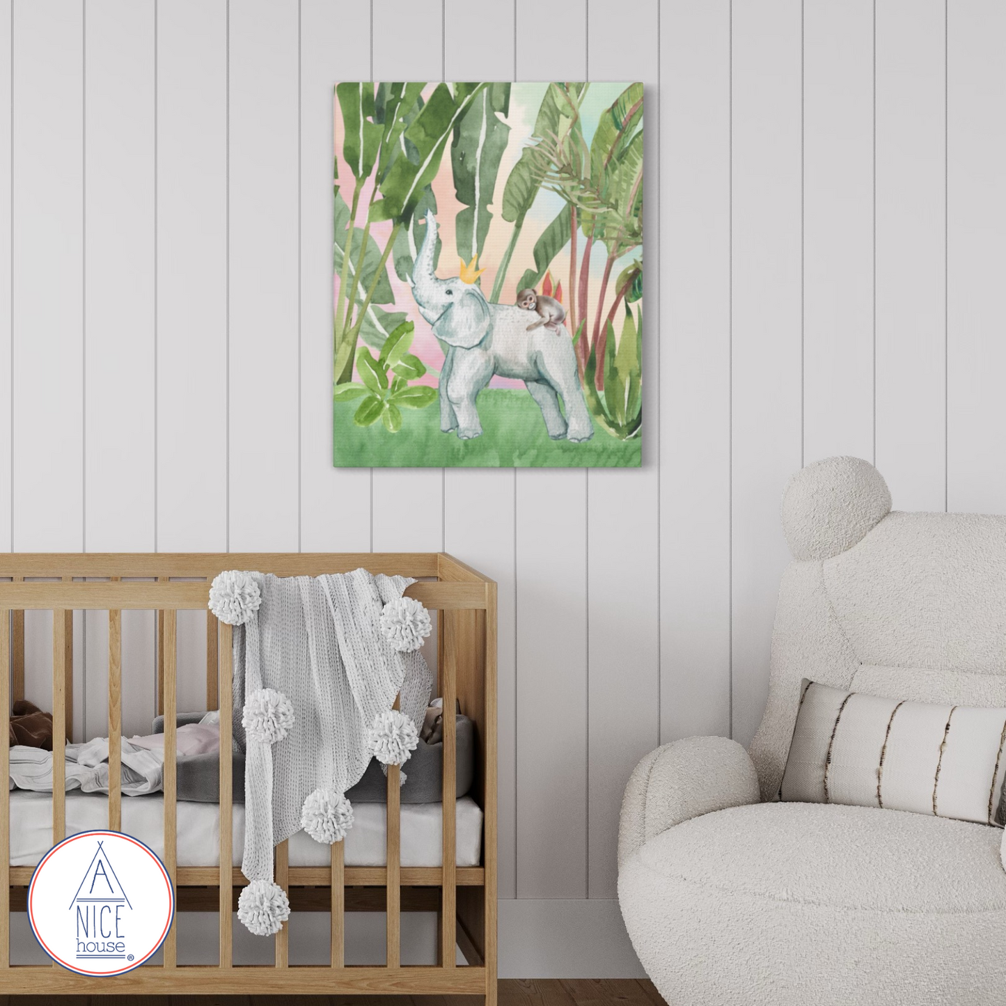 Elephant and Monkey Children's Art Print- Unisex Nursery Decor with Blue or Peach Background for Animal Themed Nursery or Elephant Themed Nursery