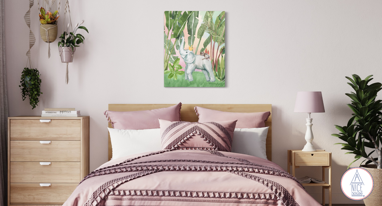 Elephant and Monkey Children's Art Print- Unisex Nursery Decor with Blue or Peach Background for Animal Themed Nursery or Elephant Themed Nursery