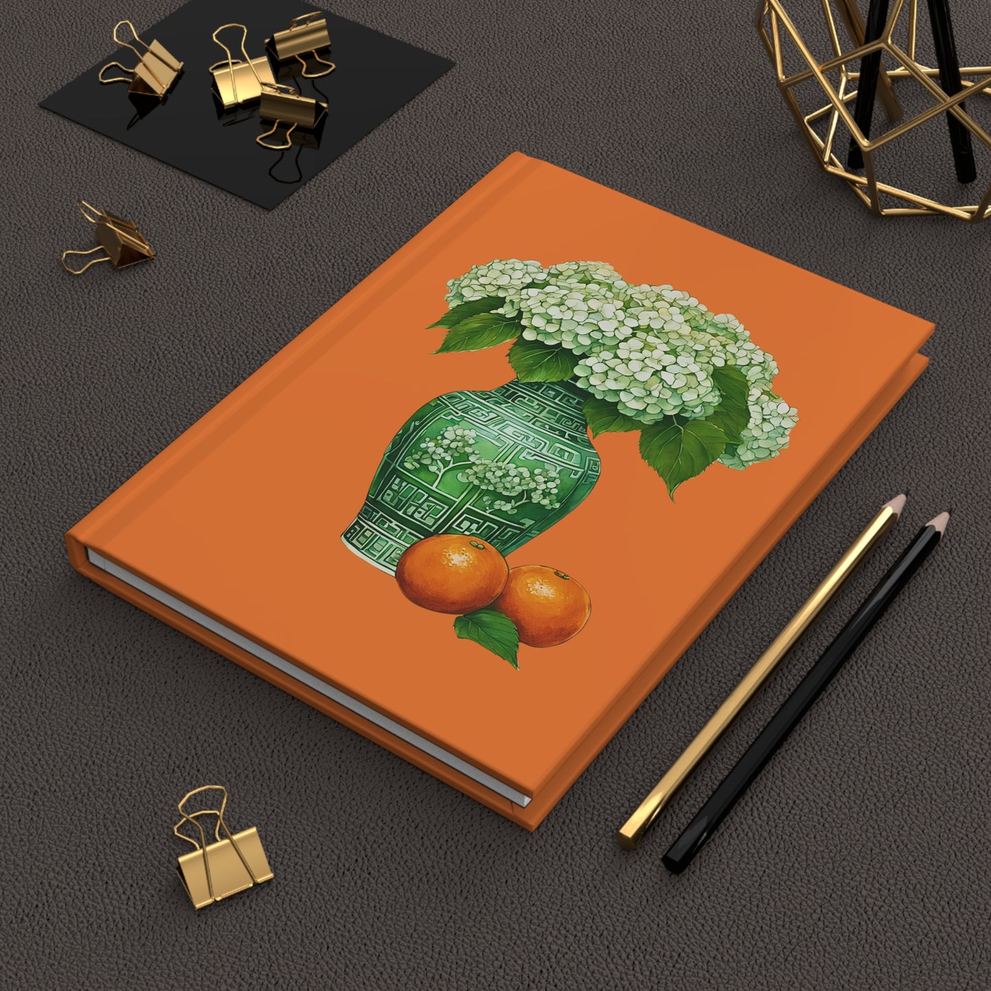 Green and White Chinoiserie Vase Hydrangea Floral Notebook on Orange