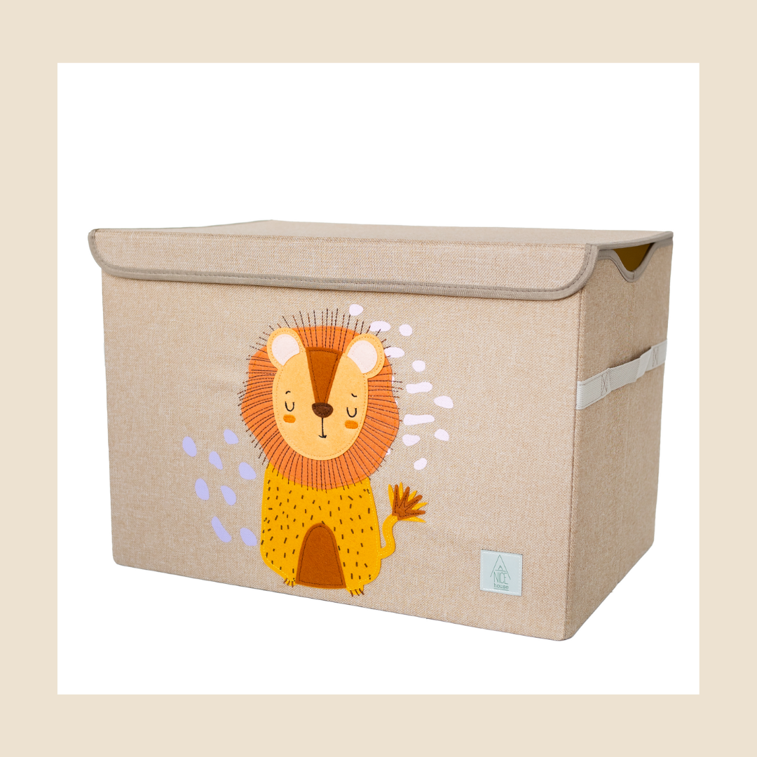 Safari Lion Appliquéd + Embroidered, Collapsible Toy Box and Storage Box