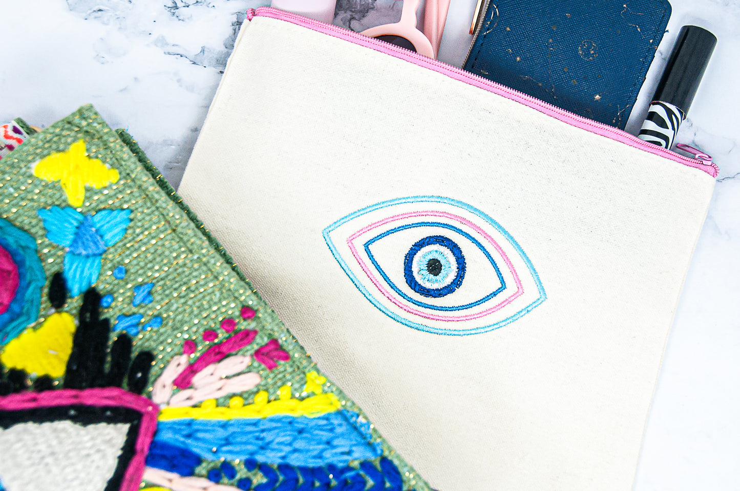 Groovy Evil Eye Handbag with Matching Embroidered Purse Organizer Pouch