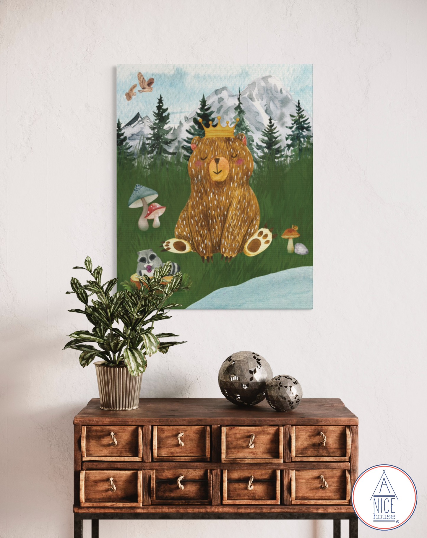 Woodland Bear Canvas Art Print - Whimsical Bear and Friends Forest Nursery Art - Mountain Theme Decor for Children's Bedroom