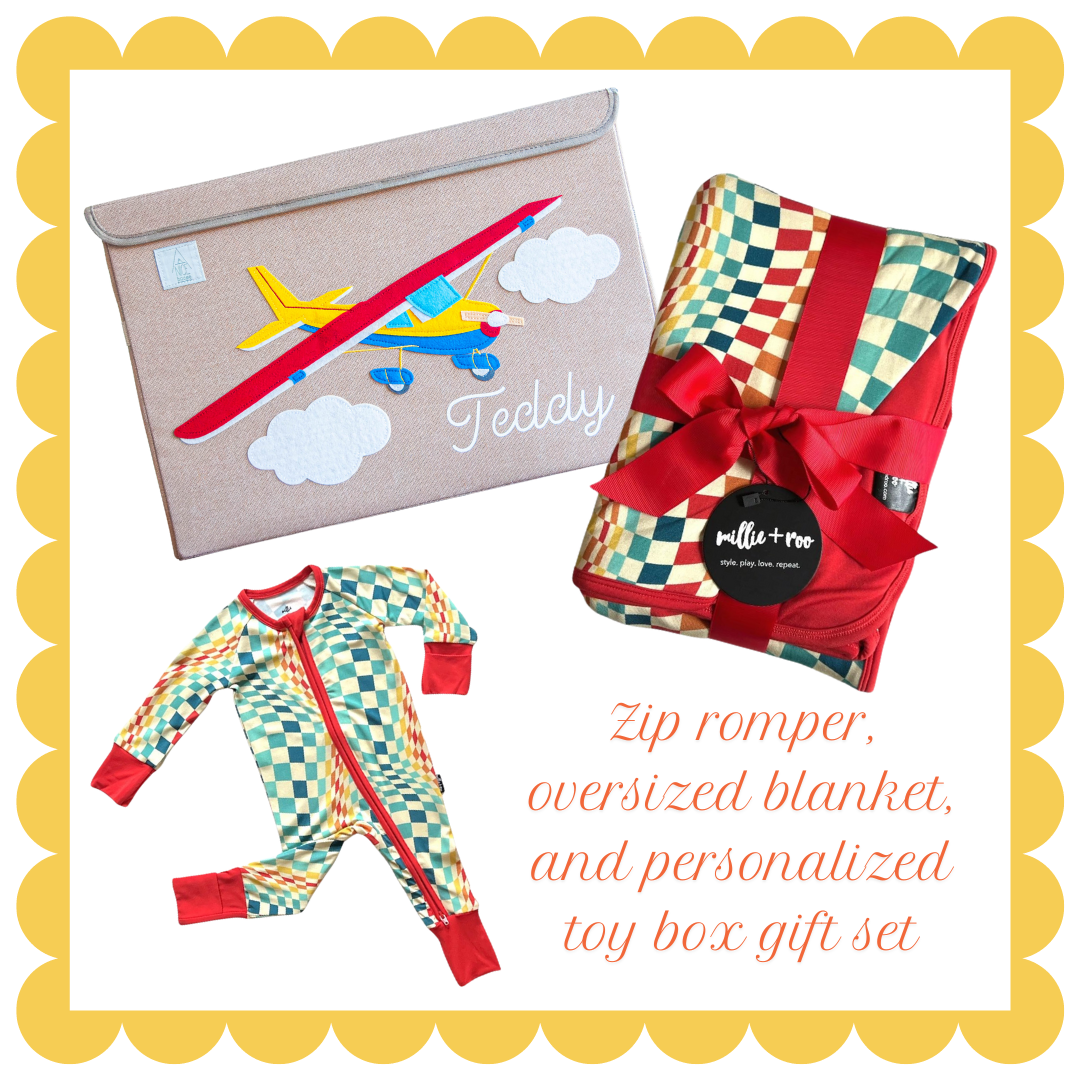 Baby Gift Set with Personalized Airplane Toy Box