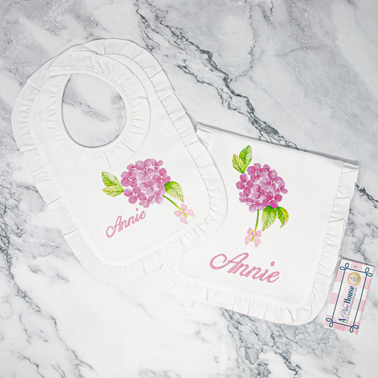 Pink Hydrangea Personalized Ruffle Bib + Burp Cloth Set