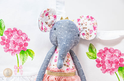 Baby Gift Set: Hydrangea and Bow Ruffled Bib + Burp Cloth with Sweet Floral Print Elephant Lovey