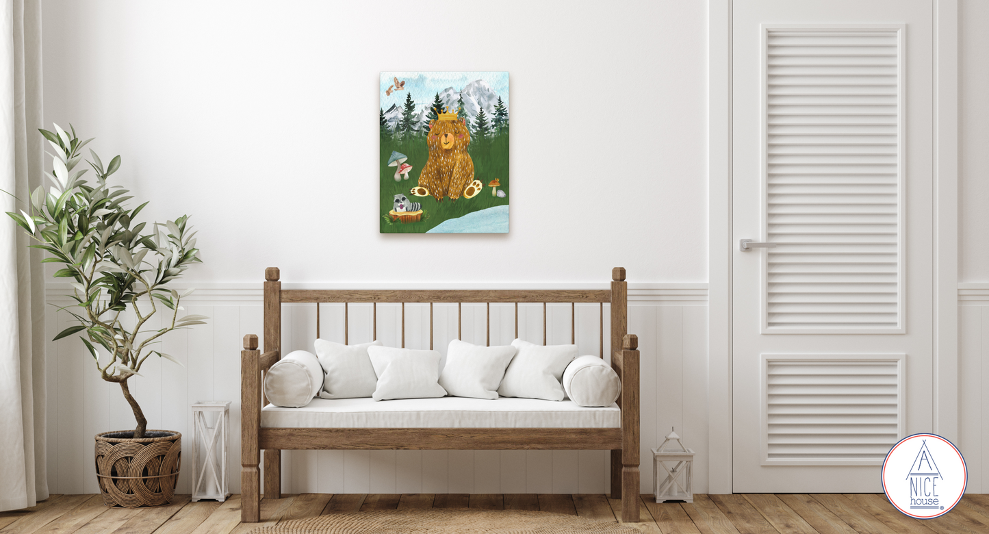 Woodland Bear Canvas Art Print - Whimsical Bear and Friends Forest Nursery Art - Mountain Theme Decor for Children's Bedroom