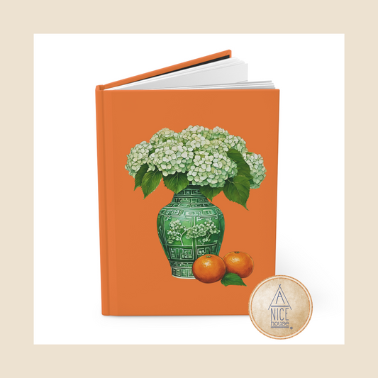 Green and White Chinoiserie Vase Hydrangea Floral Notebook on Orange