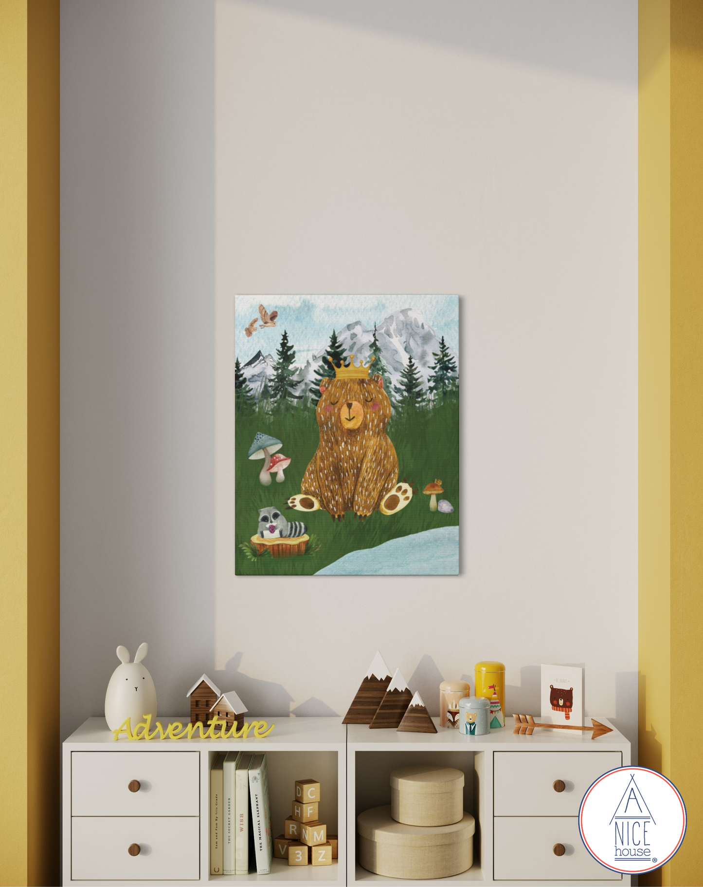 Woodland Bear Canvas Art Print - Whimsical Bear and Friends Forest Nursery Art - Mountain Theme Decor for Children's Bedroom