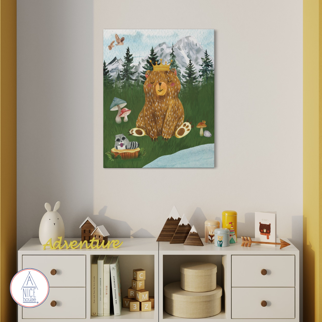 Woodland Bear Canvas Art Print - Whimsical Bear and Friends Forest Nursery Art - Mountain Theme Decor for Children's Bedroom