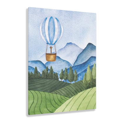 Giraffe in Hot Air Balloon- Storybook Mountain Scene on Acrylic