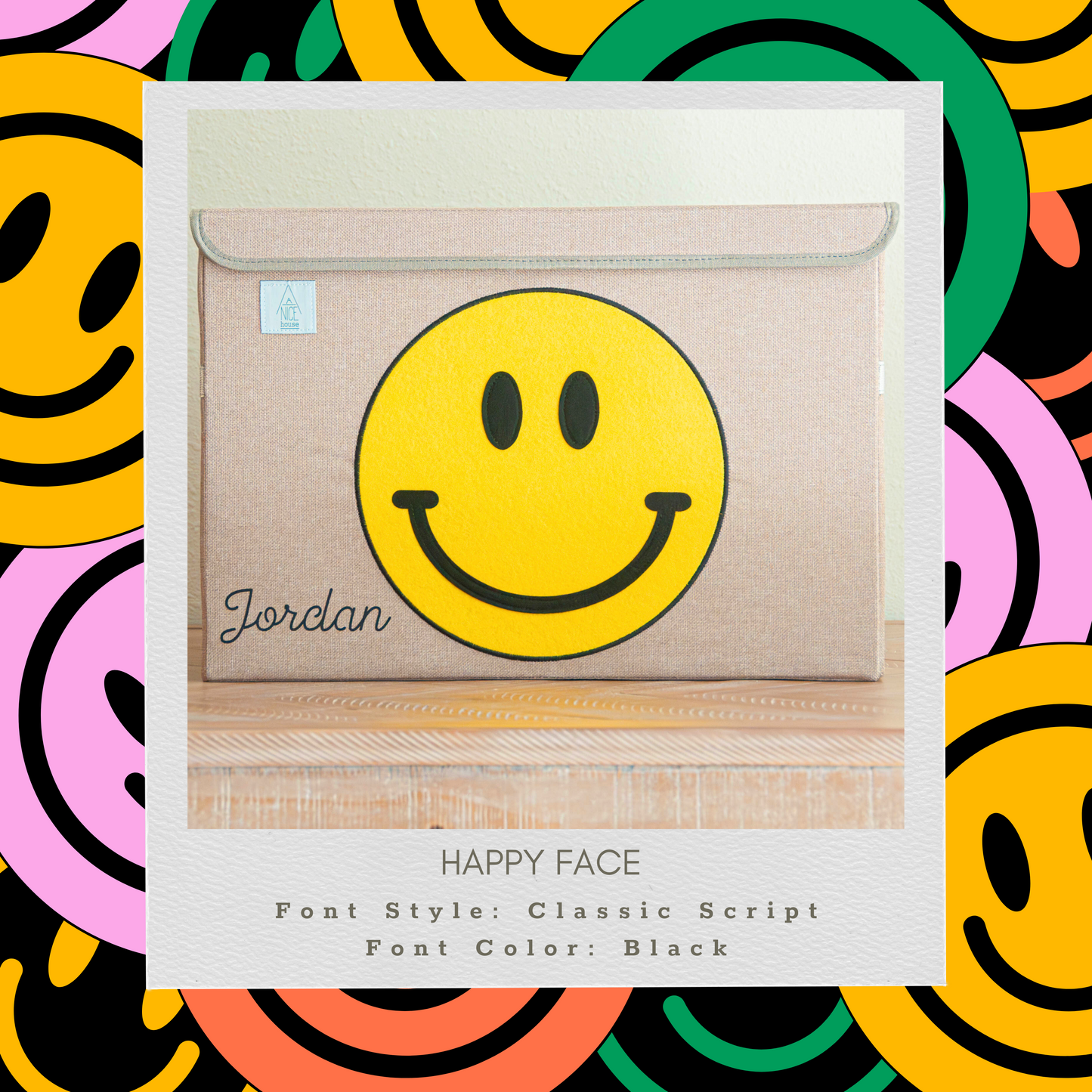 Happy Face Appliquéd + Embroidered Collapsible Toy Box and Storage Box :)