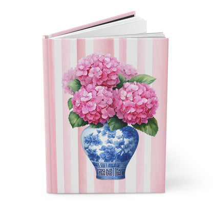 Blue and White Chinoiserie Floral Notebook on Pink and White Stripes