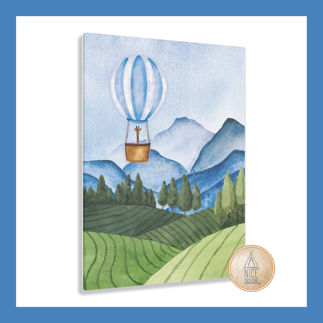 Giraffe in Hot Air Balloon- Storybook Mountain Scene on Acrylic