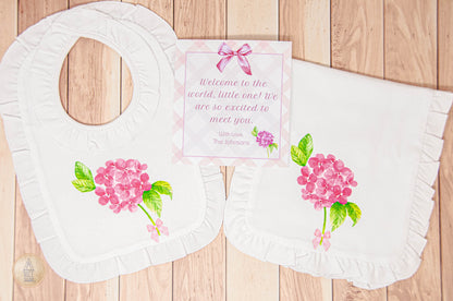 Baby Gift Set: Hydrangea and Bow Ruffled Bib + Burp Cloth with Sweet Floral Print Elephant Lovey