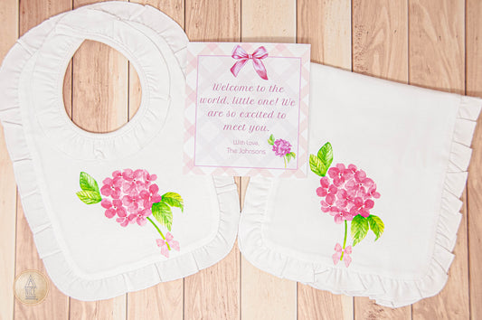 Pink Hydrangea Ruffled Bib and Burp Cloth Baby Gift Set