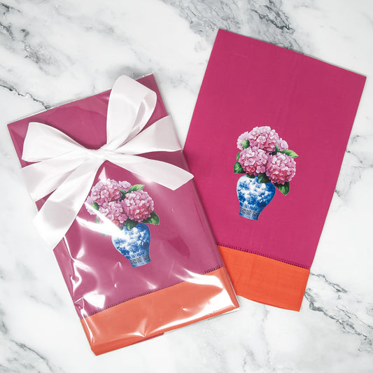 Pink and Orange Hydrangea Chinoiserie Guest Towel with Hemstitch