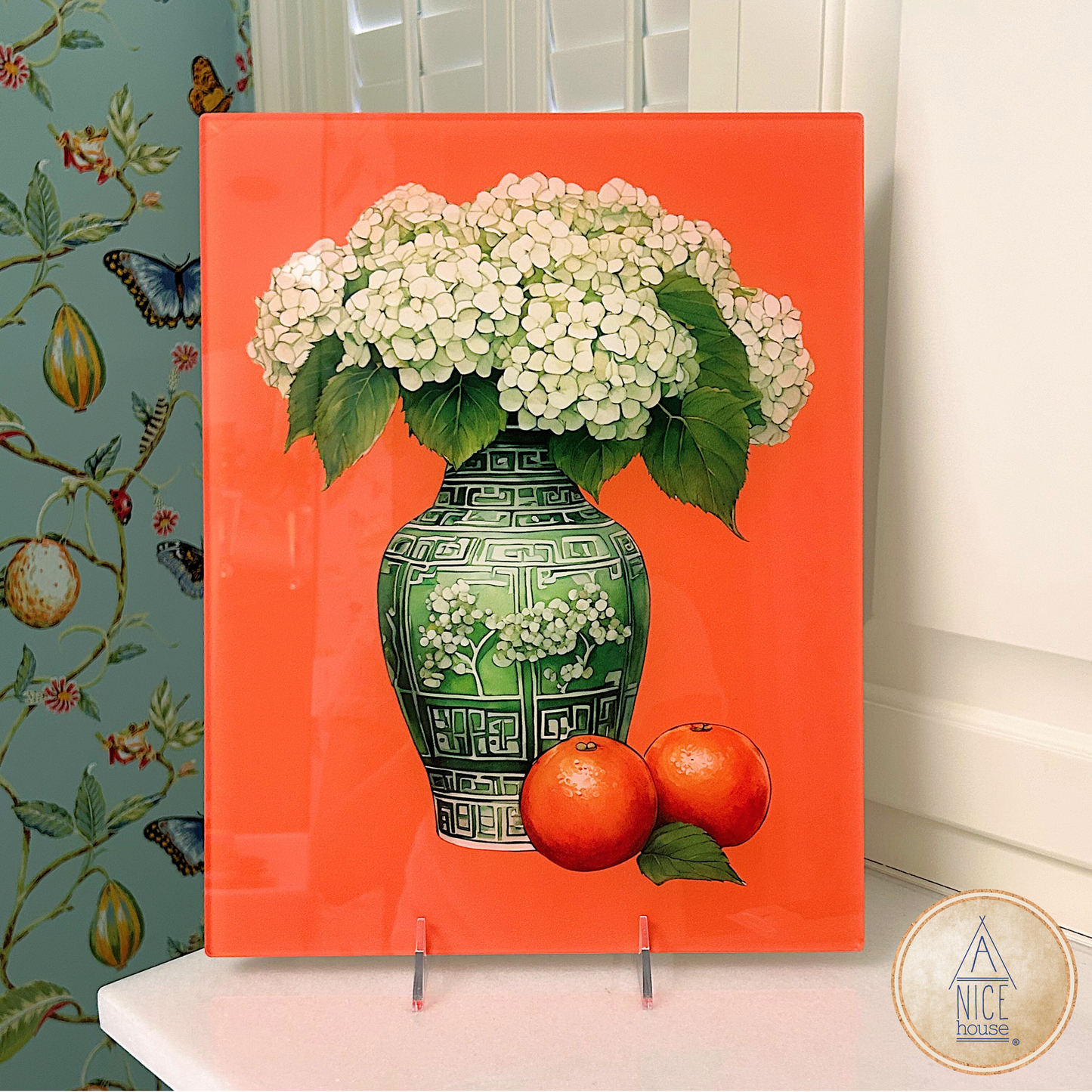 Hydrangea Wall Art - Ready to Hang Acrylic Print - Orange and Green Chinoiserie Wall Art Print with White Hydrangeas and Oranges
