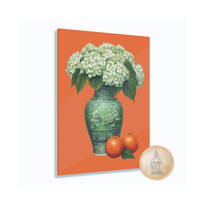 Hydrangea Wall Art - Ready to Hang Acrylic Print - Orange and Green Chinoiserie Wall Art Print with White Hydrangeas and Oranges