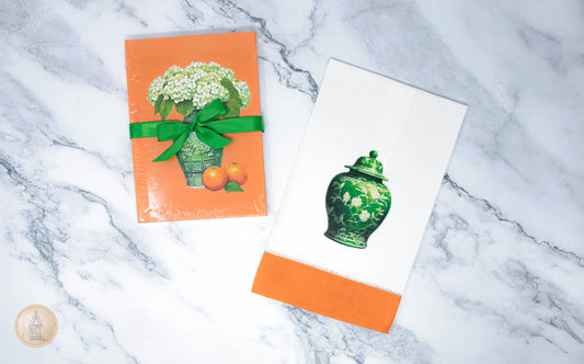 Gift Set: Green and White Chinoiserie Notebook + Hemstitch Guest Towel