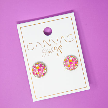 Pink Disco Ball Enamel Stud Earrings for Project Disco Ball