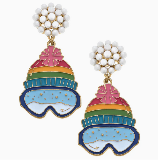 Ski Beanie + Goggles Pearl Cluster Enamel Earrings