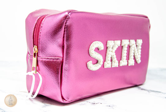 Cosmetic Organizer- 'Skin' Pearly Patch Bag in Metallic Pink- Medium