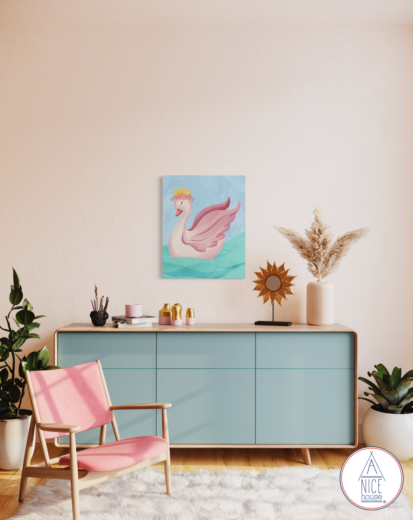 Swan Children's Art Print- Pastel Swan Wall Decor for Girl's Room and Swan Theme Nursery