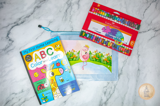 Gift Set: Flamingo Organizer Bag, Learning Activity Book, and Markers (48 Colors)