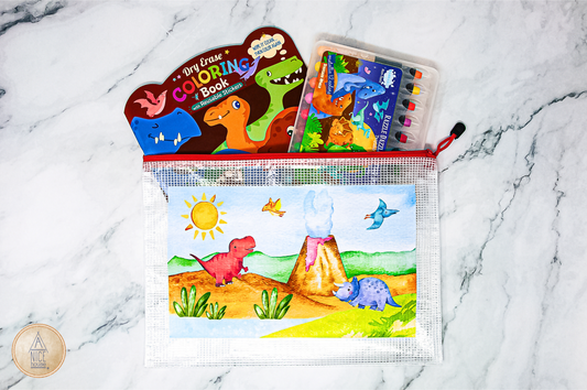 Gift Set: Dinosaur Organizer Bag, Dinosaur Coloring Book with Matching Crayons