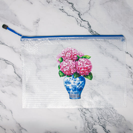 Chinoiserie Clear Organizer Bag with Pink Hydrangeas