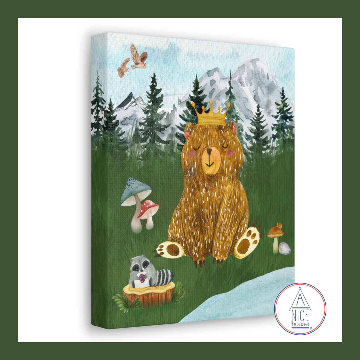 Woodland Bear Canvas Art Print - Whimsical Bear and Friends Forest Nursery Art - Mountain Theme Decor for Children's Bedroom