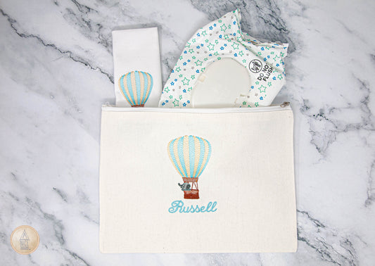 Personalized Hot Air Balloon Canvas Pouch- Diaper Bag and Tote Bag Organizer- 12 in x 9 in