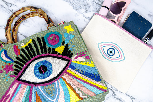 Groovy Evil Eye Handbag with Matching Embroidered Purse Organizer Pouch