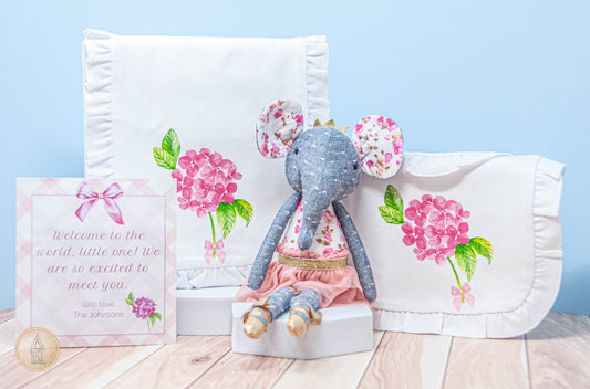 Baby Gift Set: Hydrangea and Bow Ruffled Bib + Burp Cloth with Sweet Floral Print Elephant Lovey